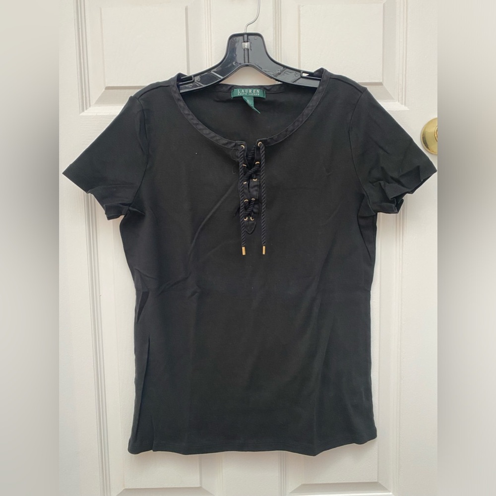 Ralph Lauren Black Lace-Up Short Sleeve Top - XL